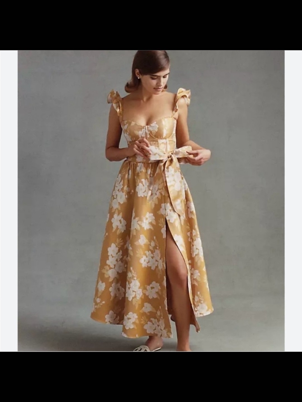 NWT V. Chapman Floral Tie-Waist Midi Dress in Gold